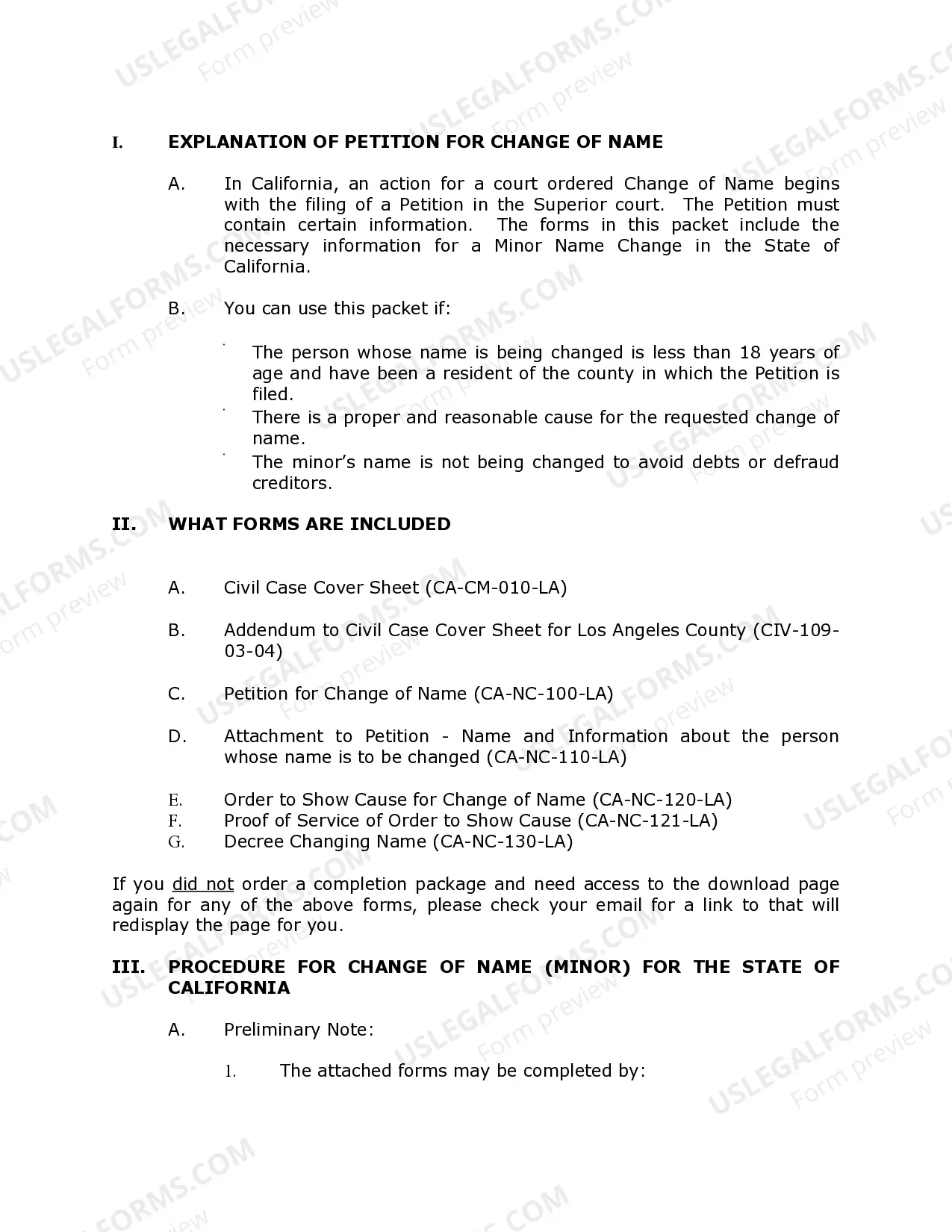 Preview California Name Change Instructions and Forms Package - Los Angeles County Only - Minor Only