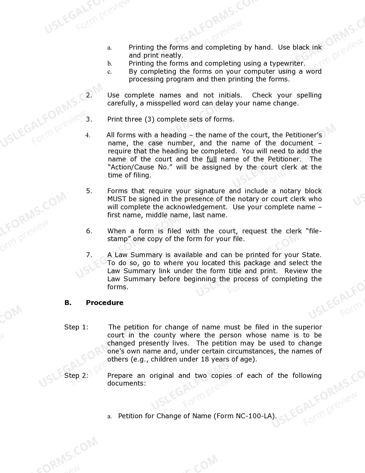 Preview California Name Change Instructions and Forms Package - Los Angeles County Only - Minor Only