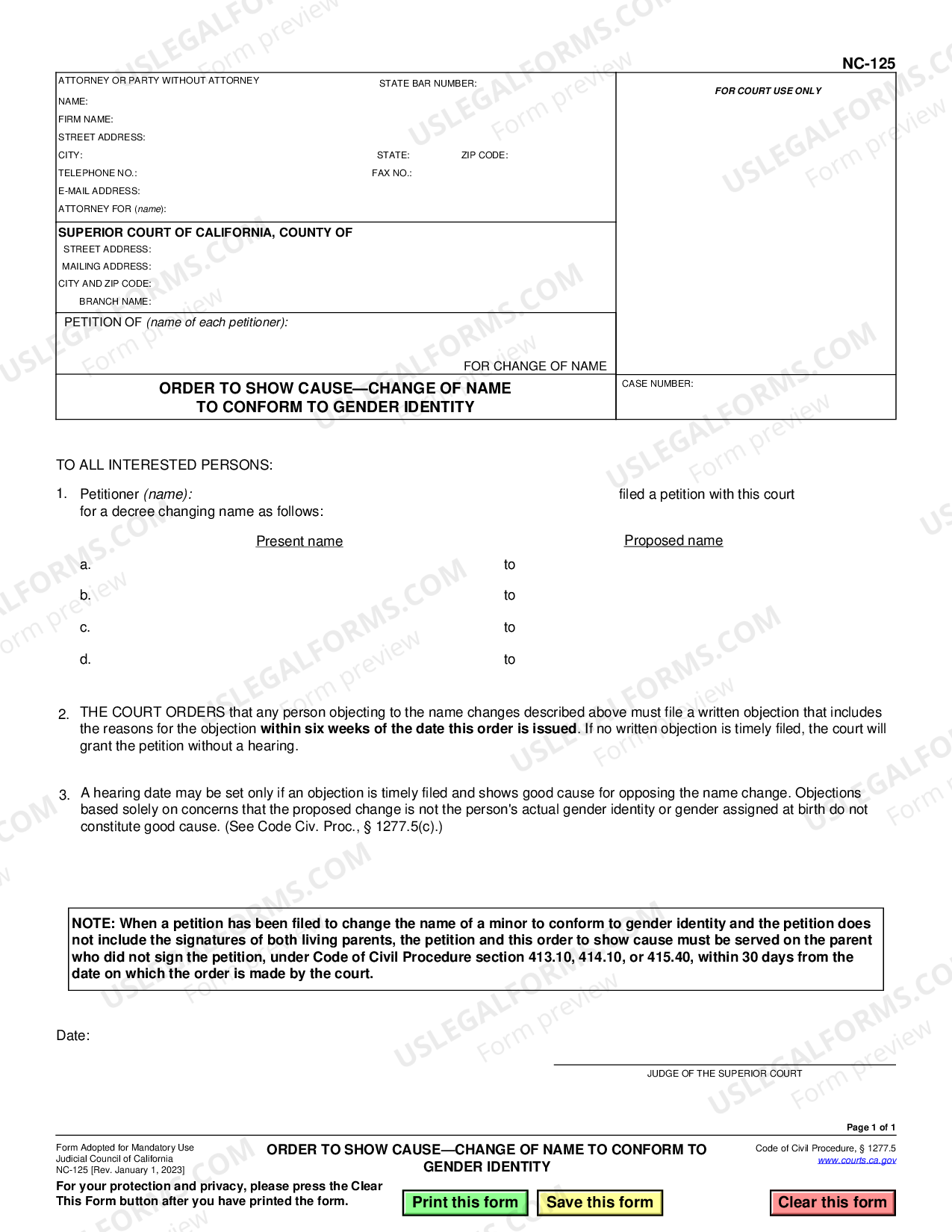 California Order to Show Cause for Change of Name to Conform to Gender