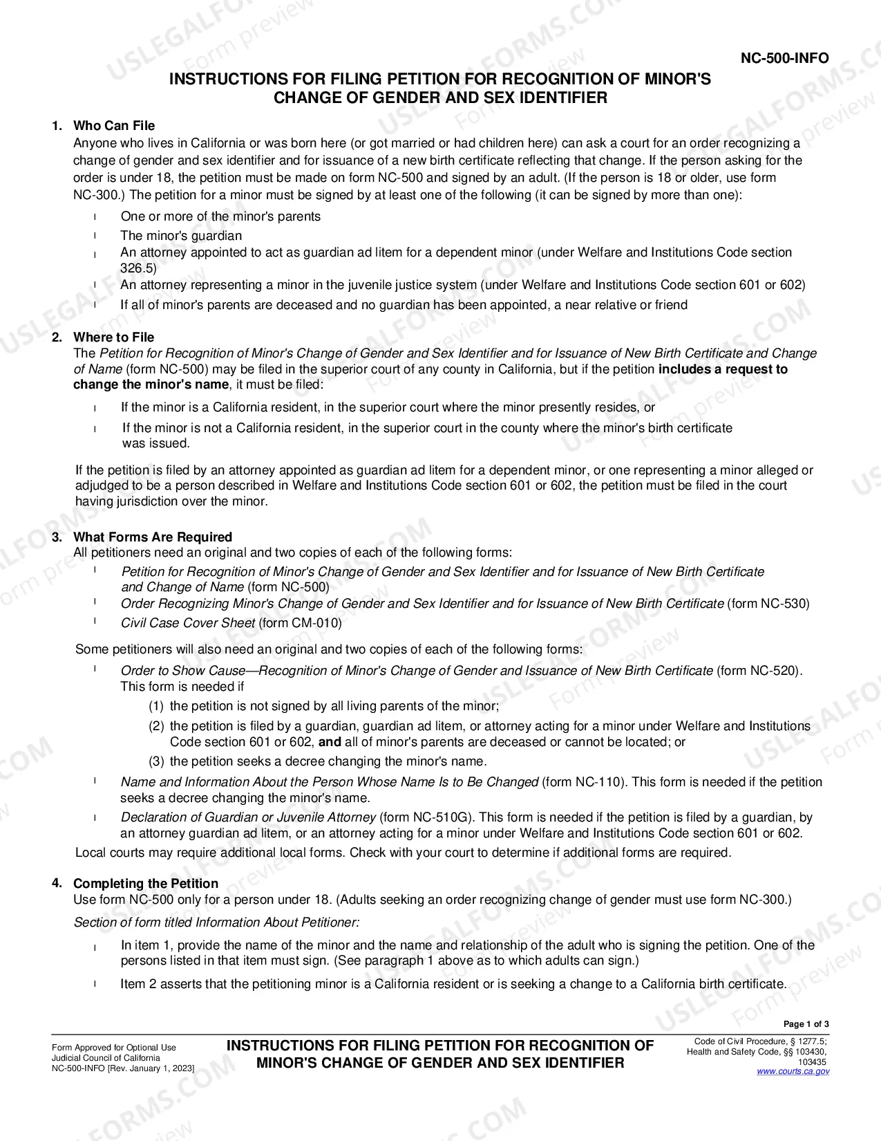 Preview Instructions for Filing Petition for Recognition of Minor's Change of Gender and Sex Identifier