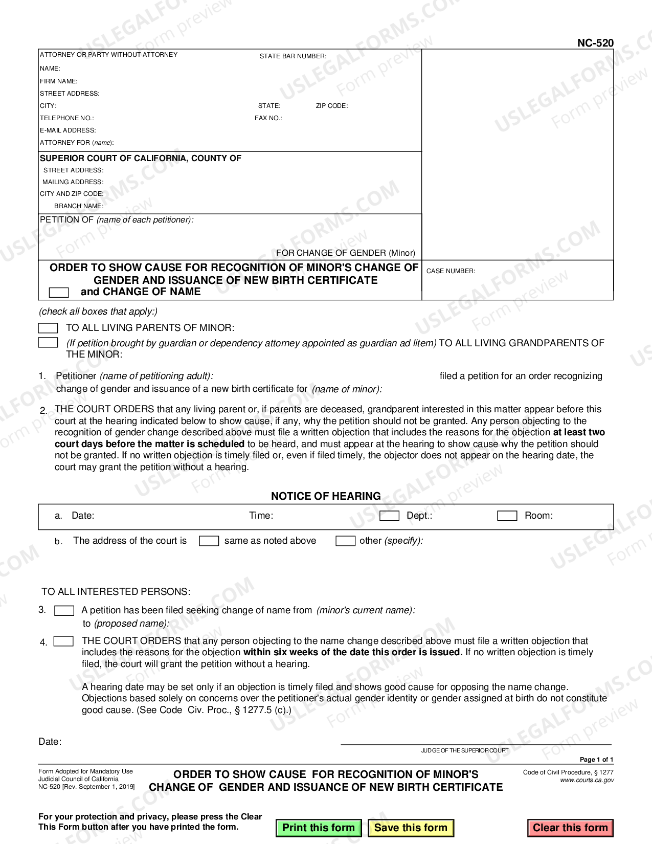 California Order to Show Cause for Recognition of Minor's Change of