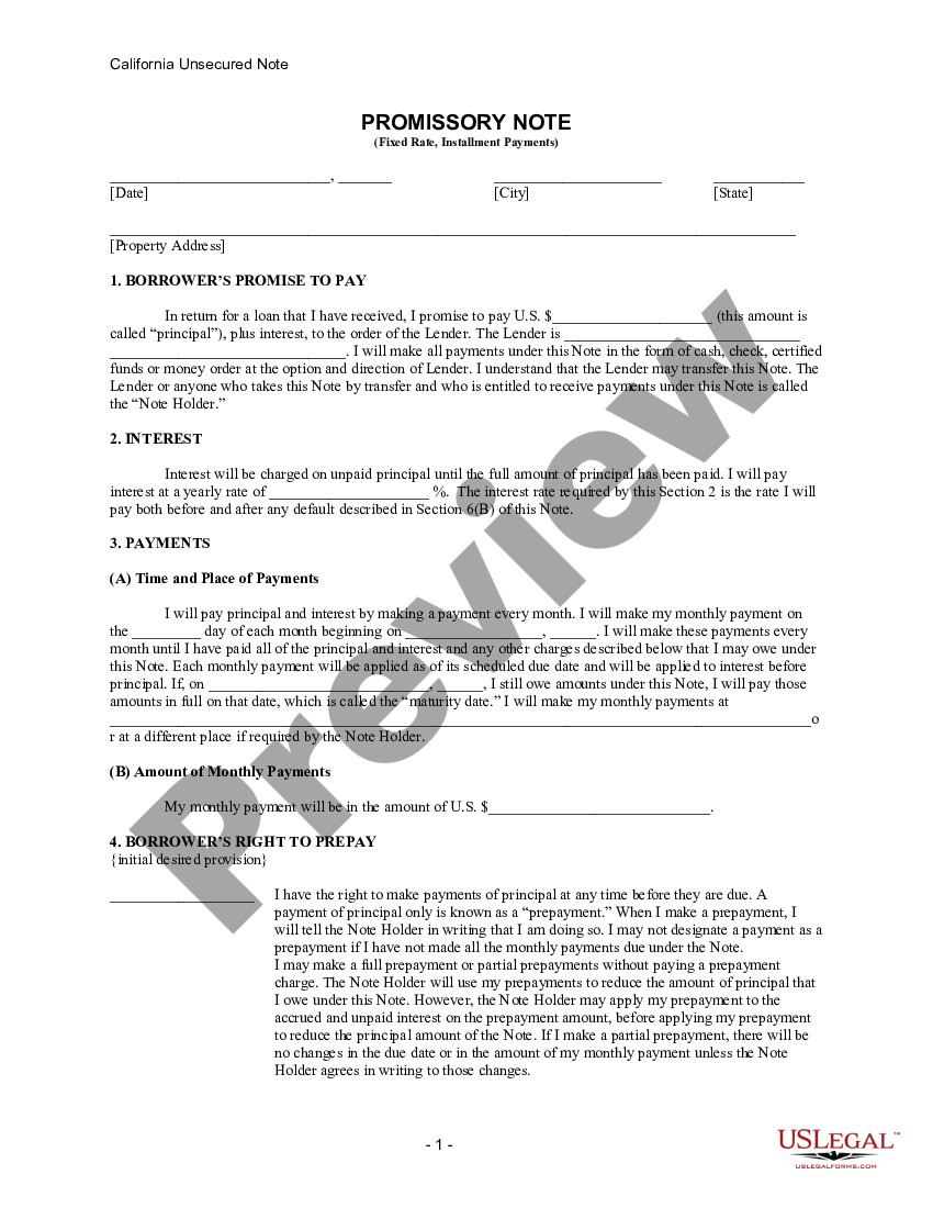 California Unsecured Installment Payment Promissory Note for Fixed Rate