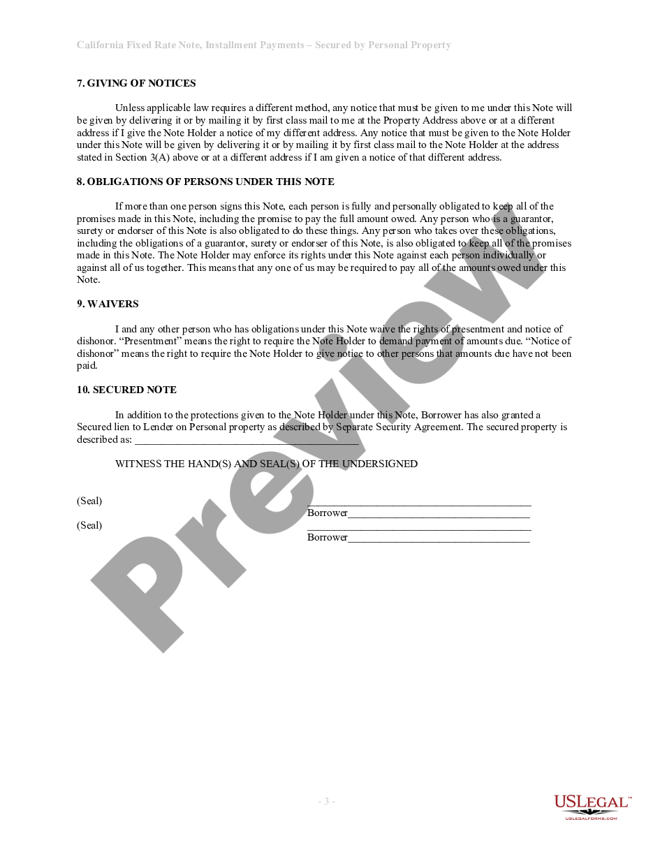 form California Installments Fixed Rate Promissory Note Secured by Personal Property preview