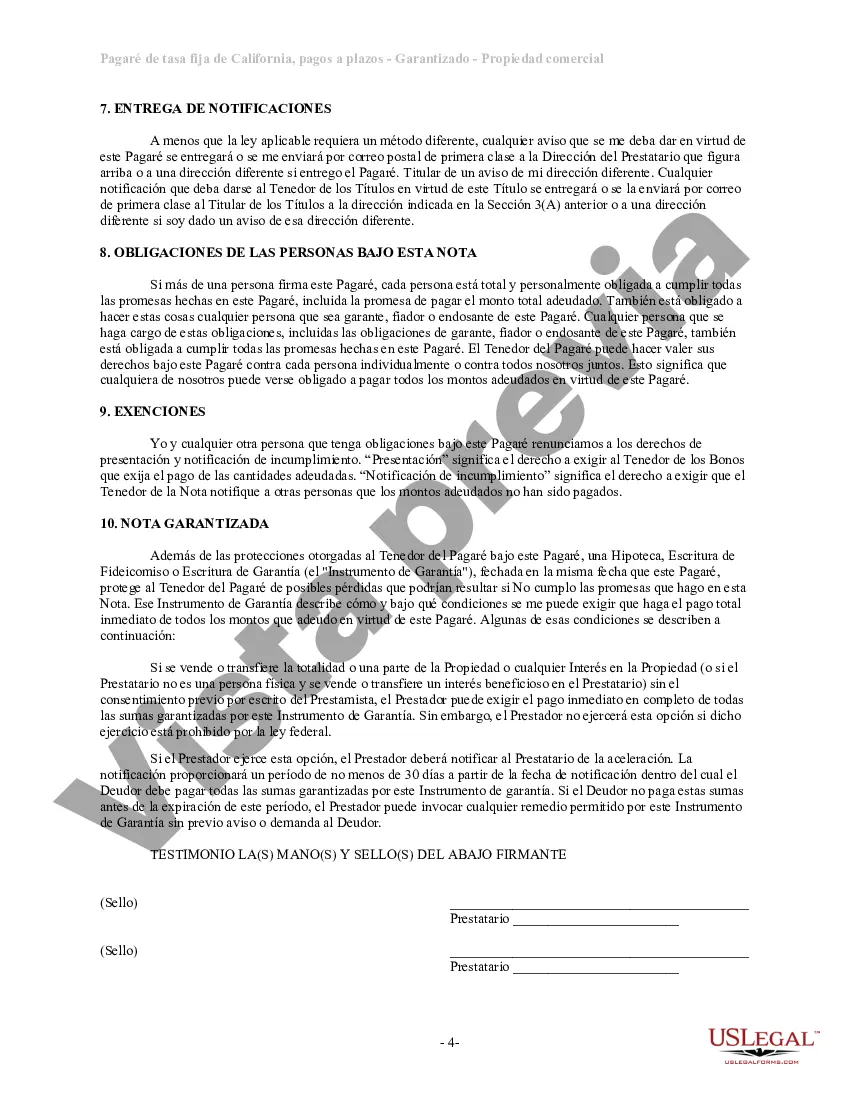 Preview Pagaré de Tasa Fija en Cuotas de California Garantizado por Bienes Raíces Comerciales