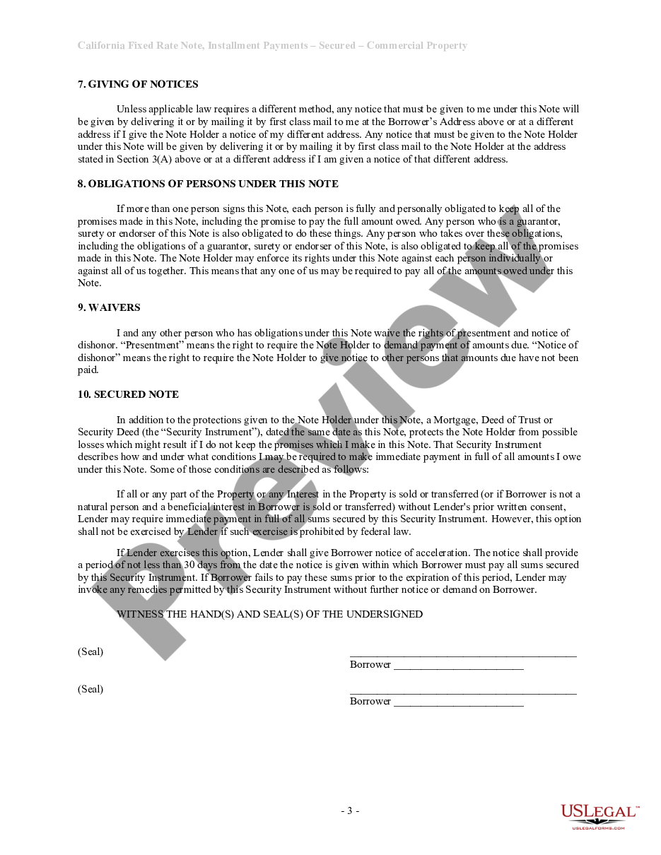 page 2 California Installments Fixed Rate Promissory Note Secured by Commercial Real Estate preview