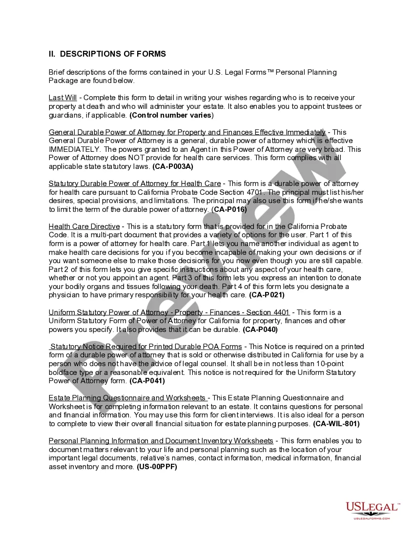 Get California Life Documents Planning Package, including Will, Power of Attorney and Living Will Preview California Life Documents Planning Package, including Will, Power of Attorney and Living Will