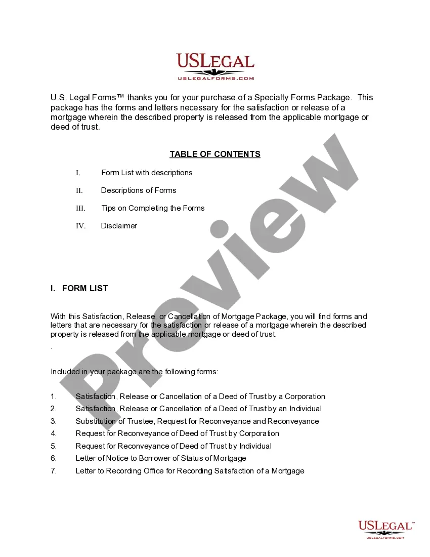 Preview California Satisfaction, Cancellation or Release of Mortgage Package