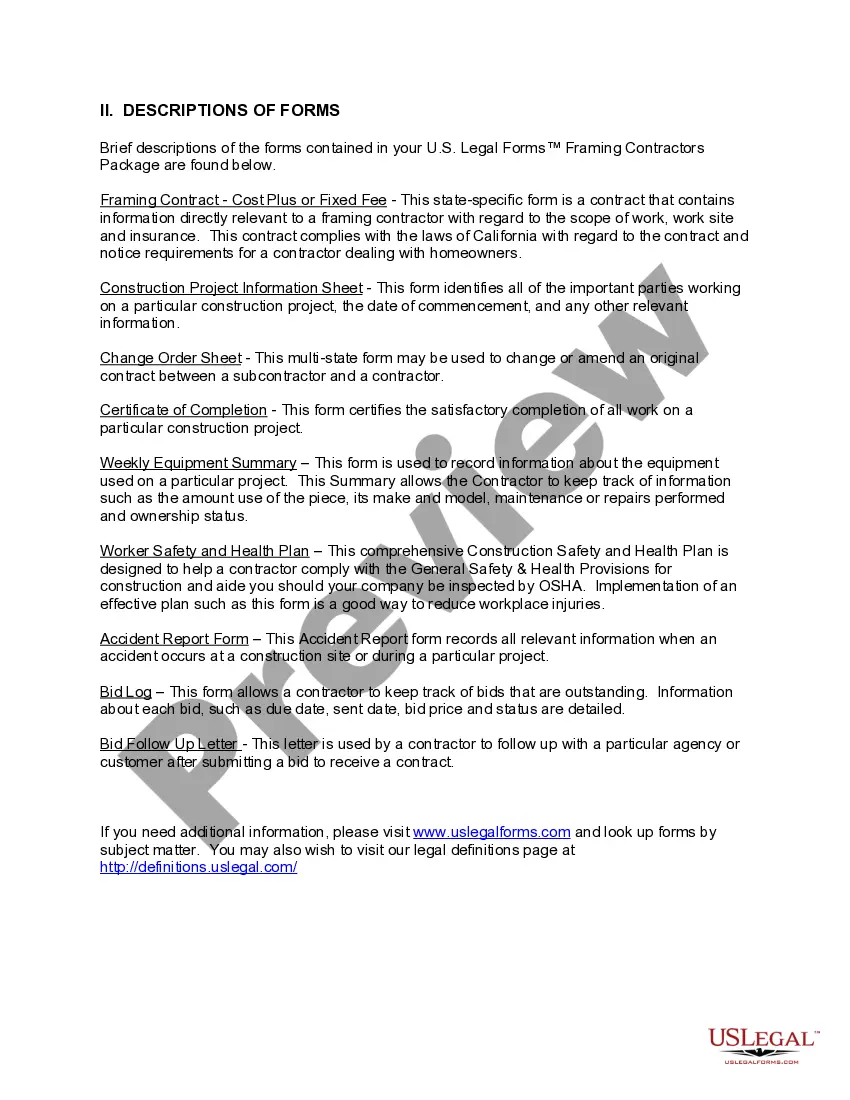 Preview California Framing Contractor Package