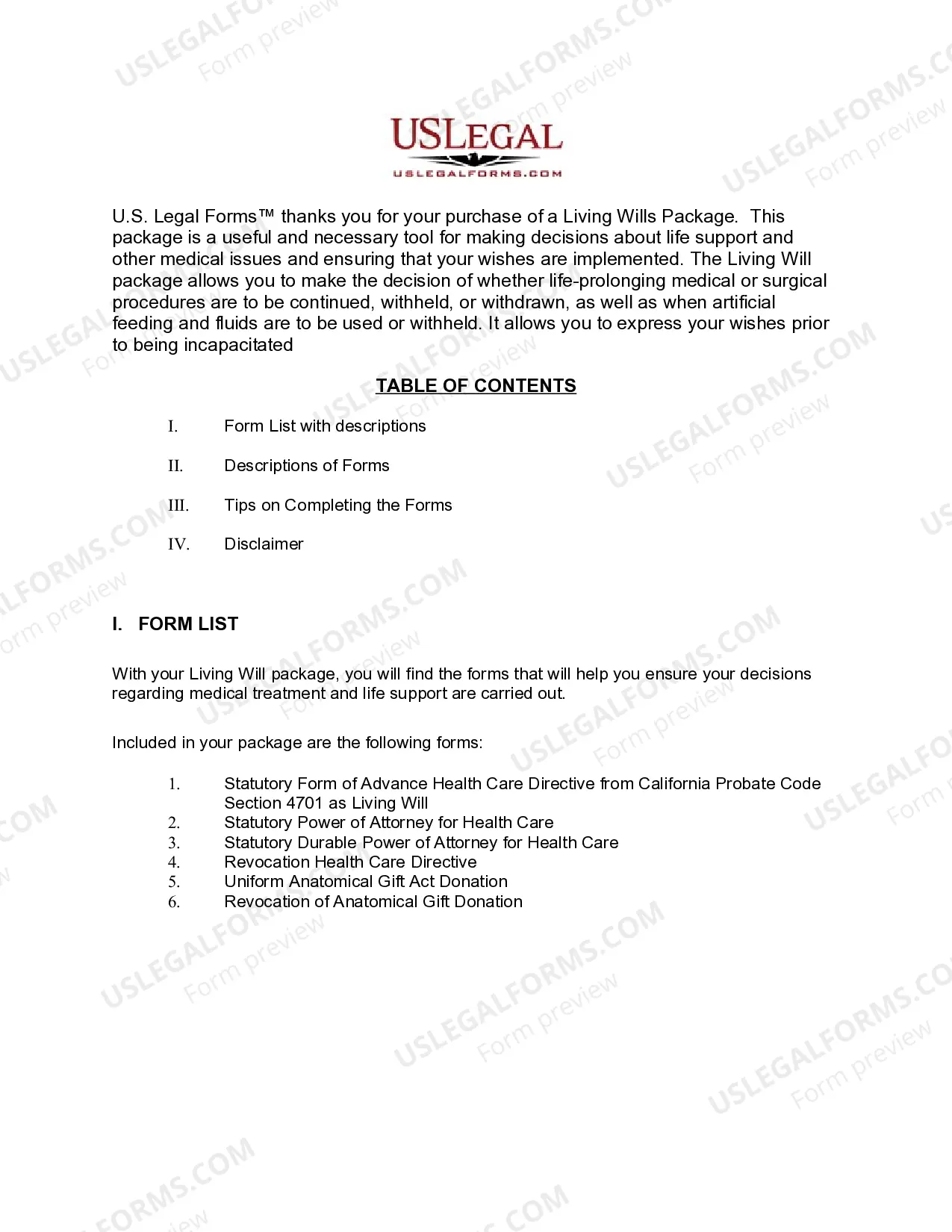 Preview California Living Wills and Health Care Package