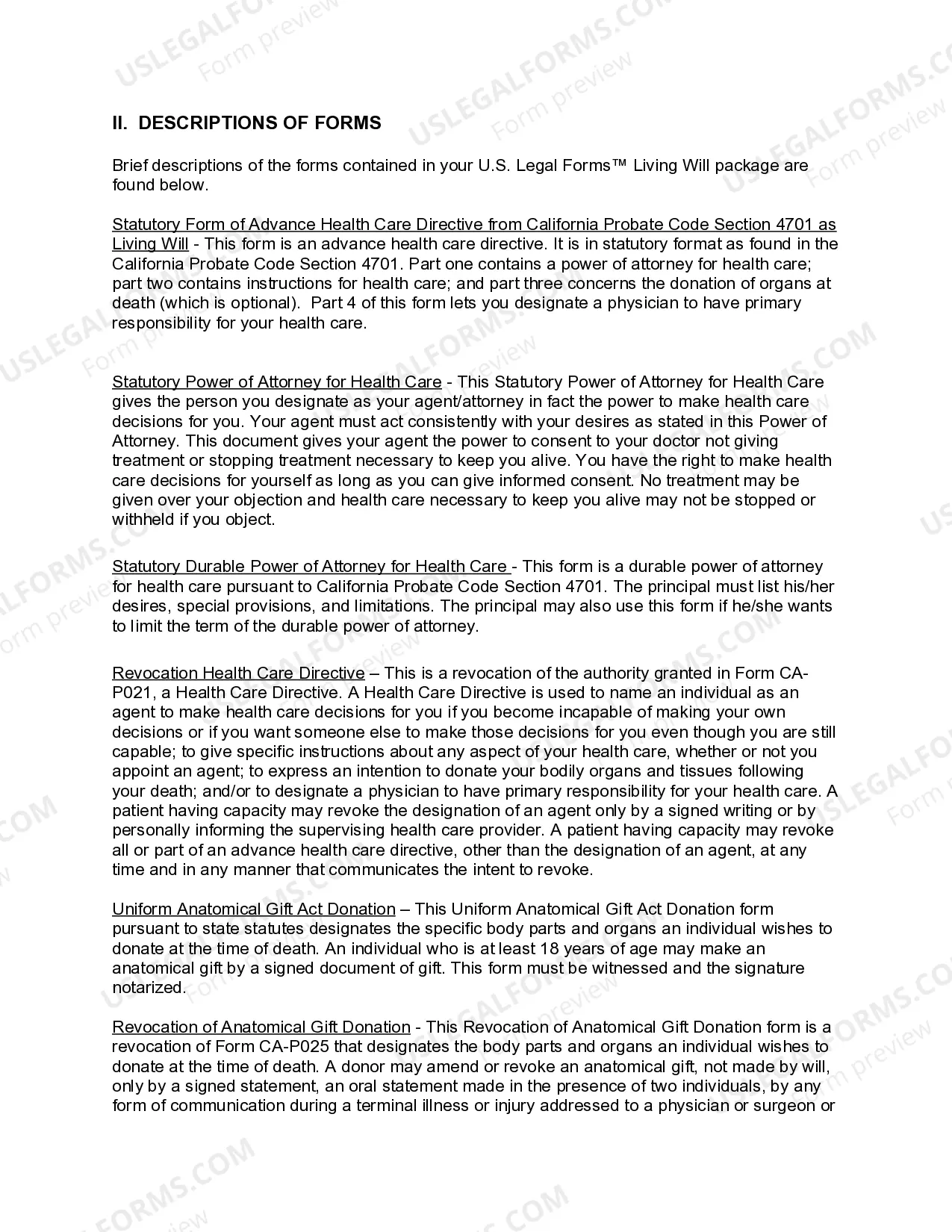 Preview California Living Wills and Health Care Package