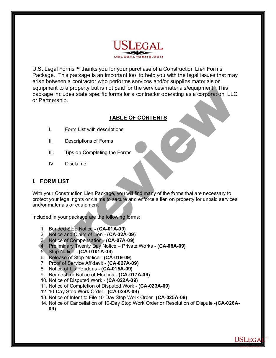 page 1 California Construction or Mechanics Lien Package - Corporation preview