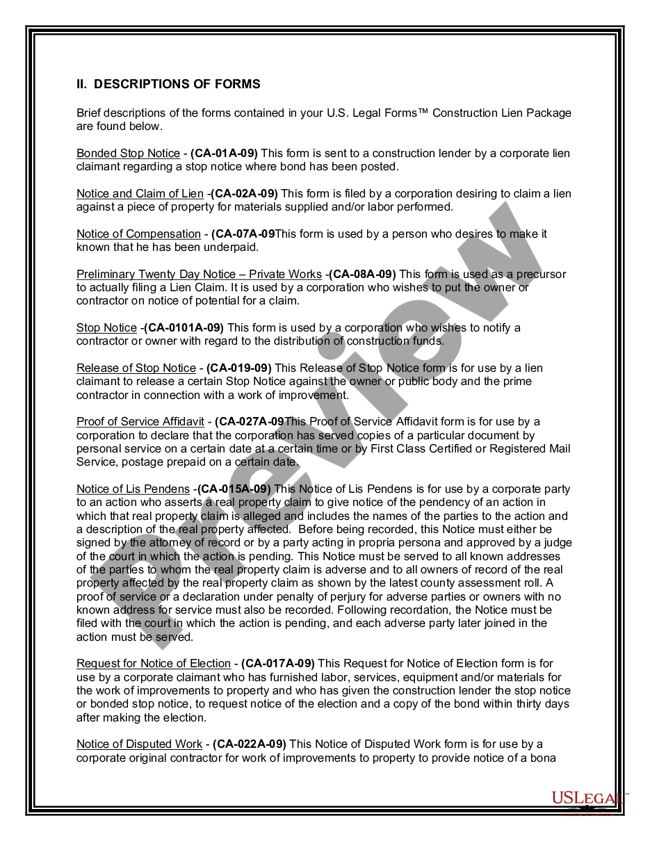 page 2 California Construction or Mechanics Lien Package - Corporation preview