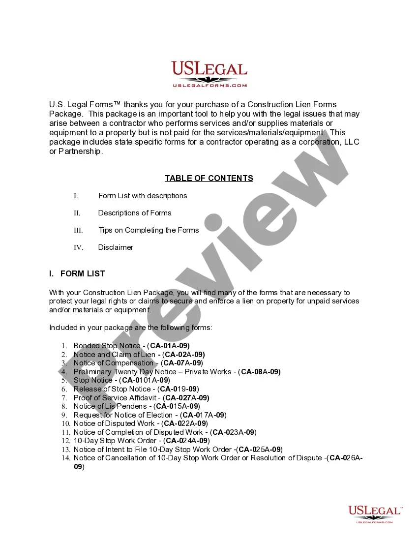 Get California Construction or Mechanics Lien Package - Corporation Preview California Construction or Mechanics Lien Package - Corporation