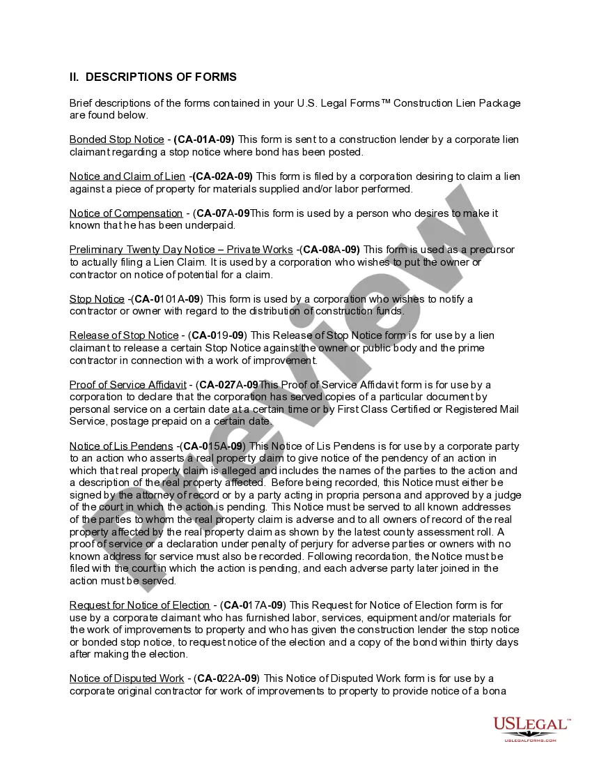 Get California Construction or Mechanics Lien Package - Corporation Preview California Construction or Mechanics Lien Package - Corporation