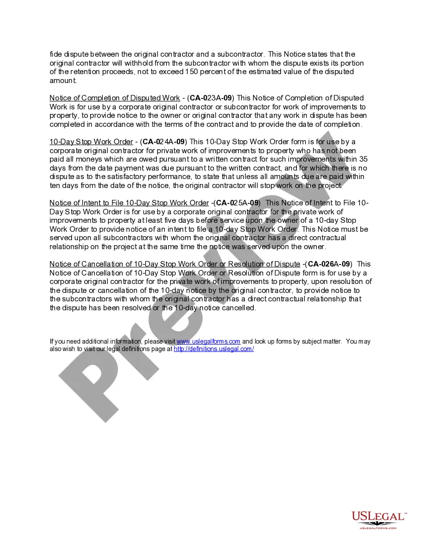 Get California Construction or Mechanics Lien Package - Corporation Preview California Construction or Mechanics Lien Package - Corporation