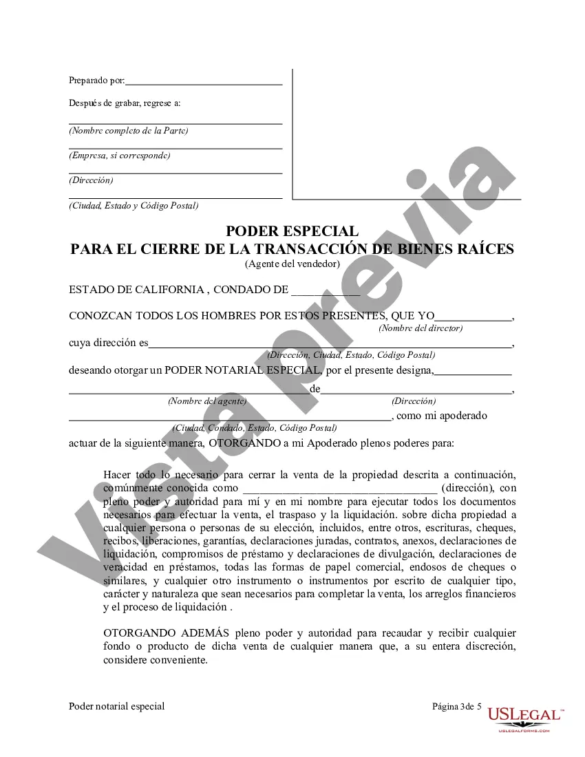 Preview Poder notarial especial o limitado para transacciones de venta de bienes raíces por parte del vendedor