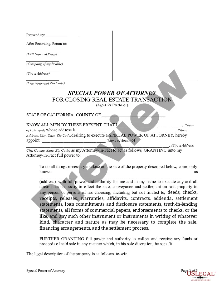 Preview Special or Limited Power of Attorney for Real Estate Purchase Transaction by Purchaser