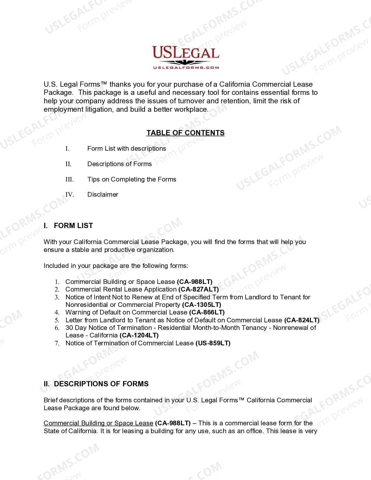 Preview California Commercial Lease Package