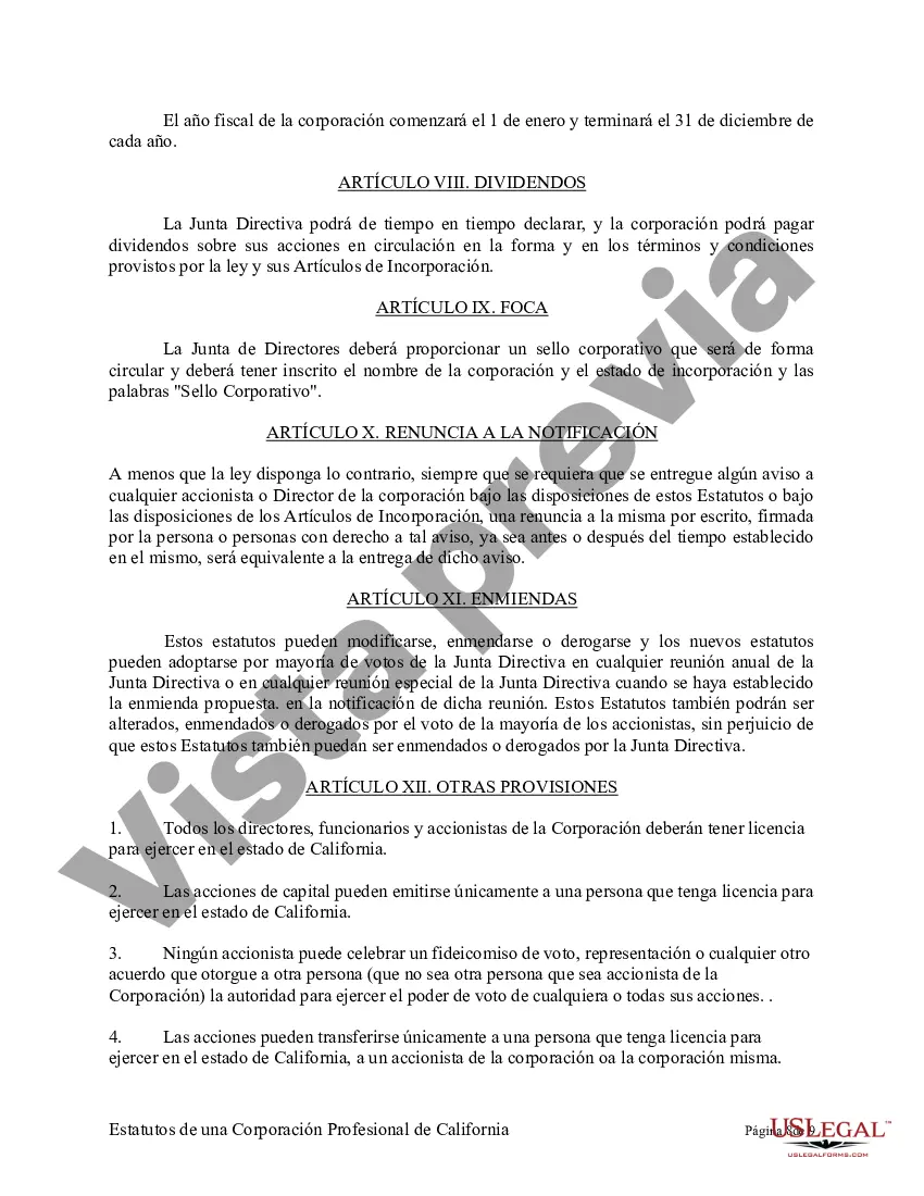 Preview Modelo de estatutos para una corporación profesional de California