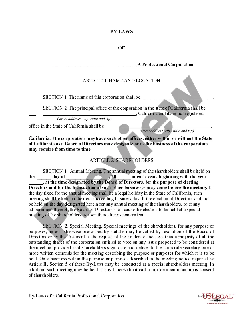 Preview Sample Bylaws for a California Professional Corporation