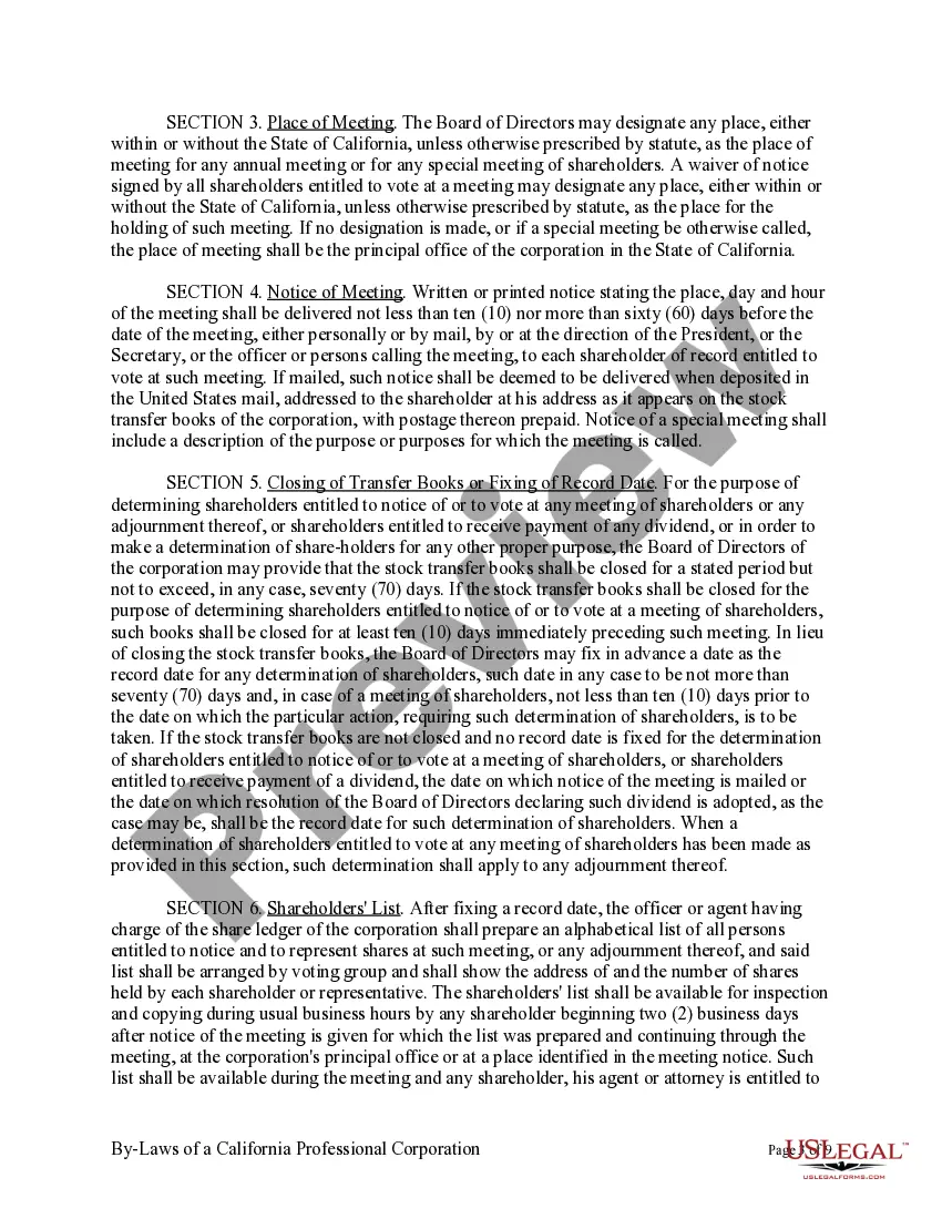 Preview Sample Bylaws for a California Professional Corporation