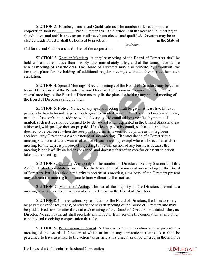 Preview Sample Bylaws for a California Professional Corporation