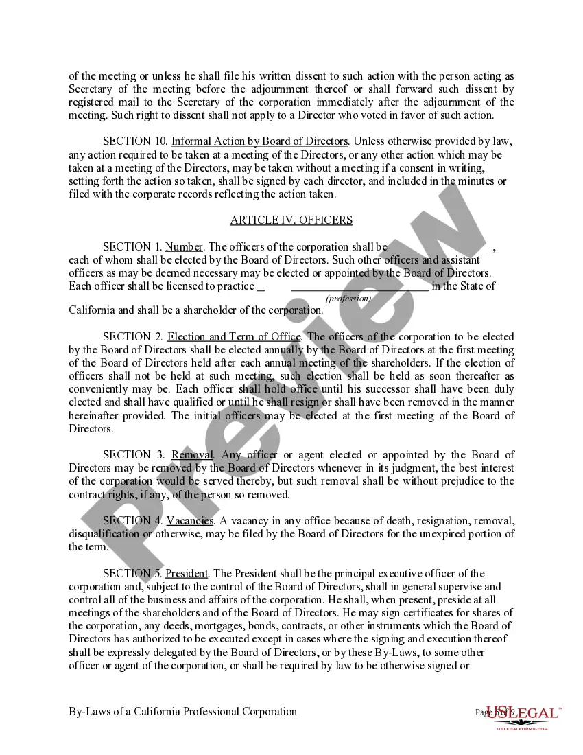 Preview Sample Bylaws for a California Professional Corporation