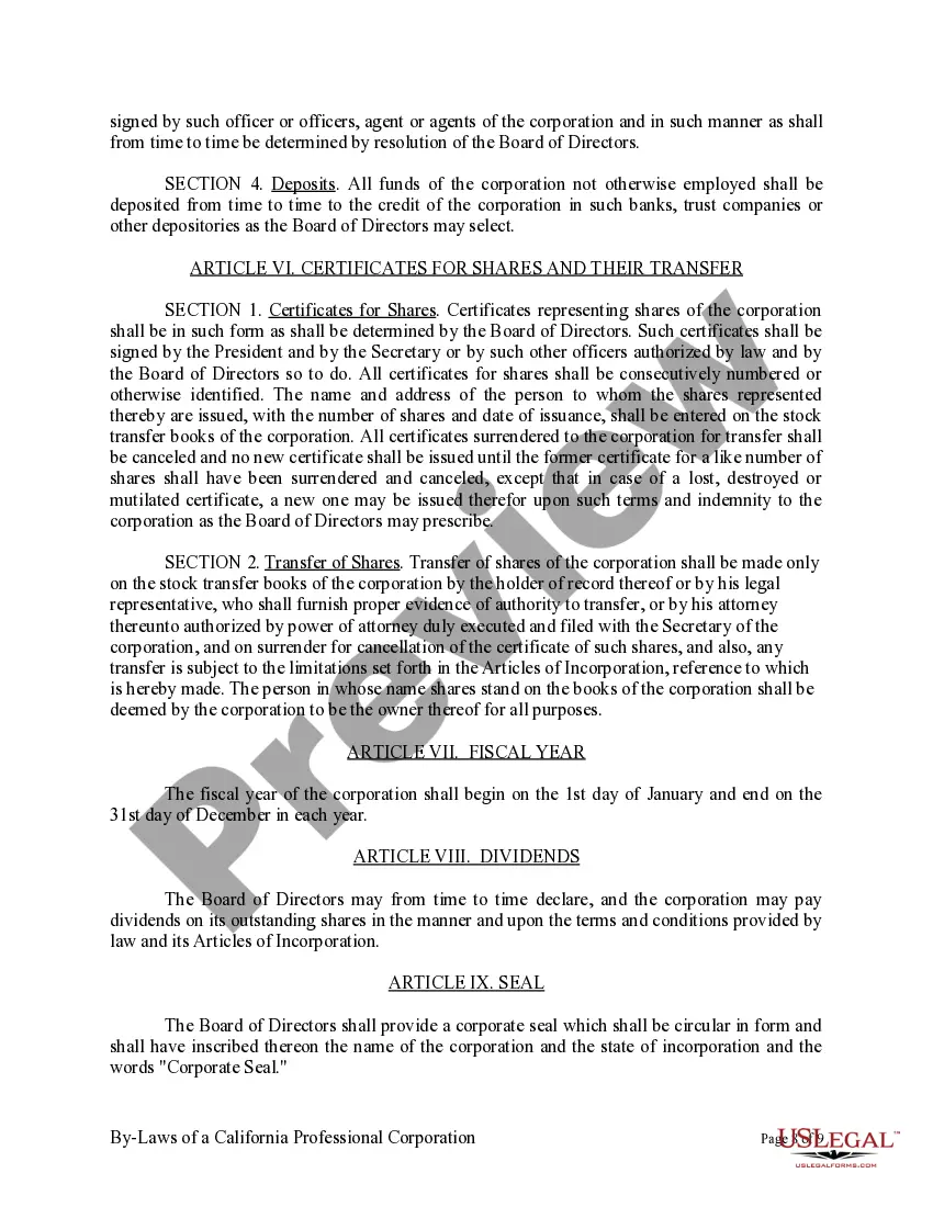 Preview Sample Bylaws for a California Professional Corporation