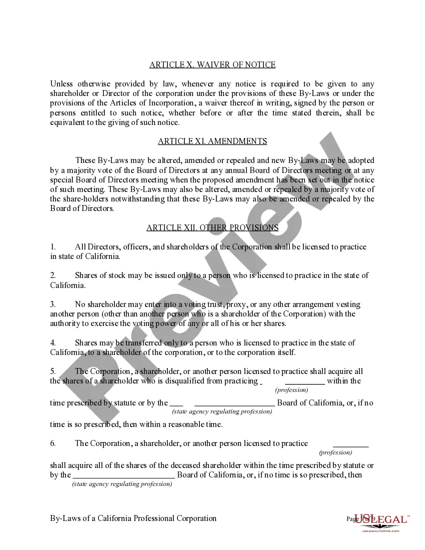 Preview Sample Bylaws for a California Professional Corporation