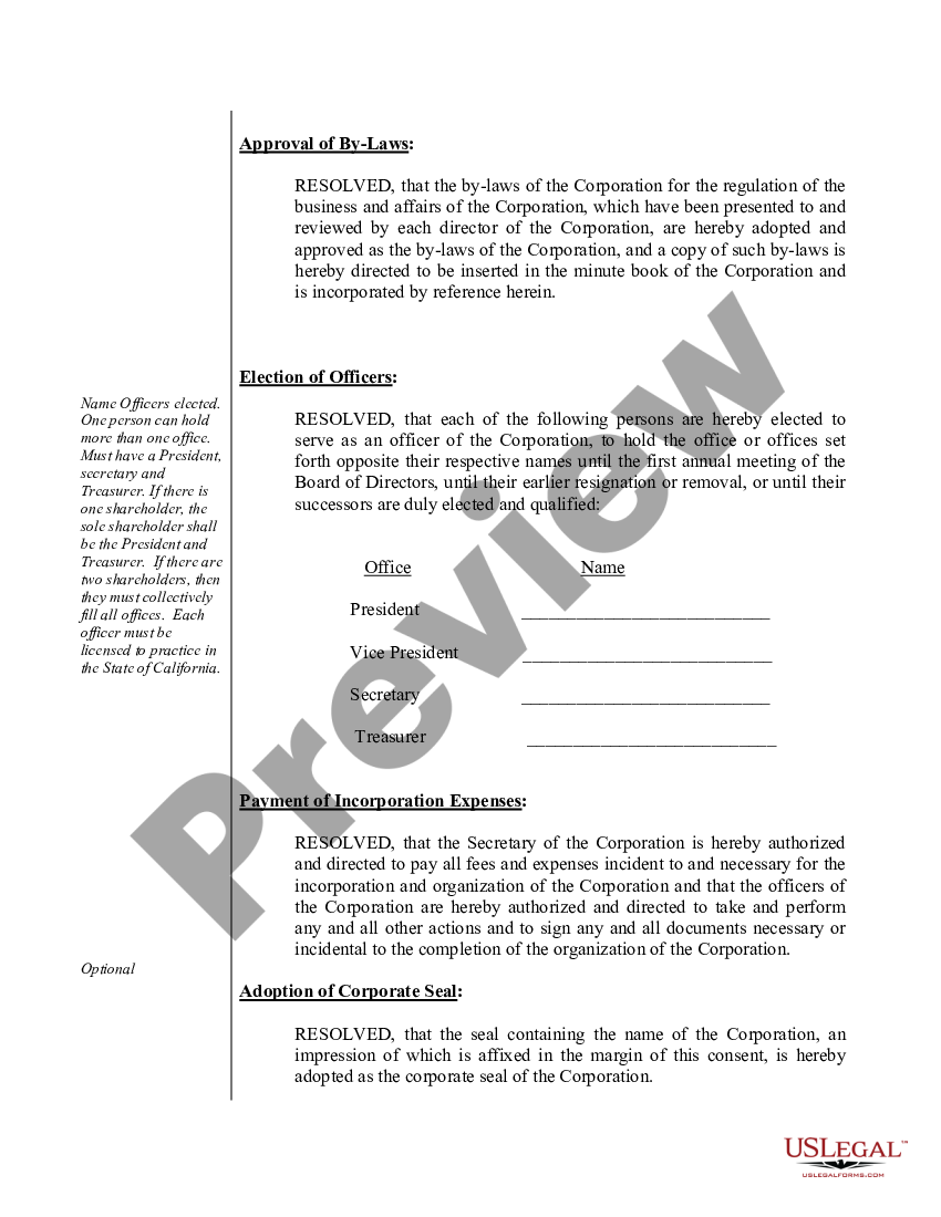 California Organizational Minutes for a Professional Corporation ...