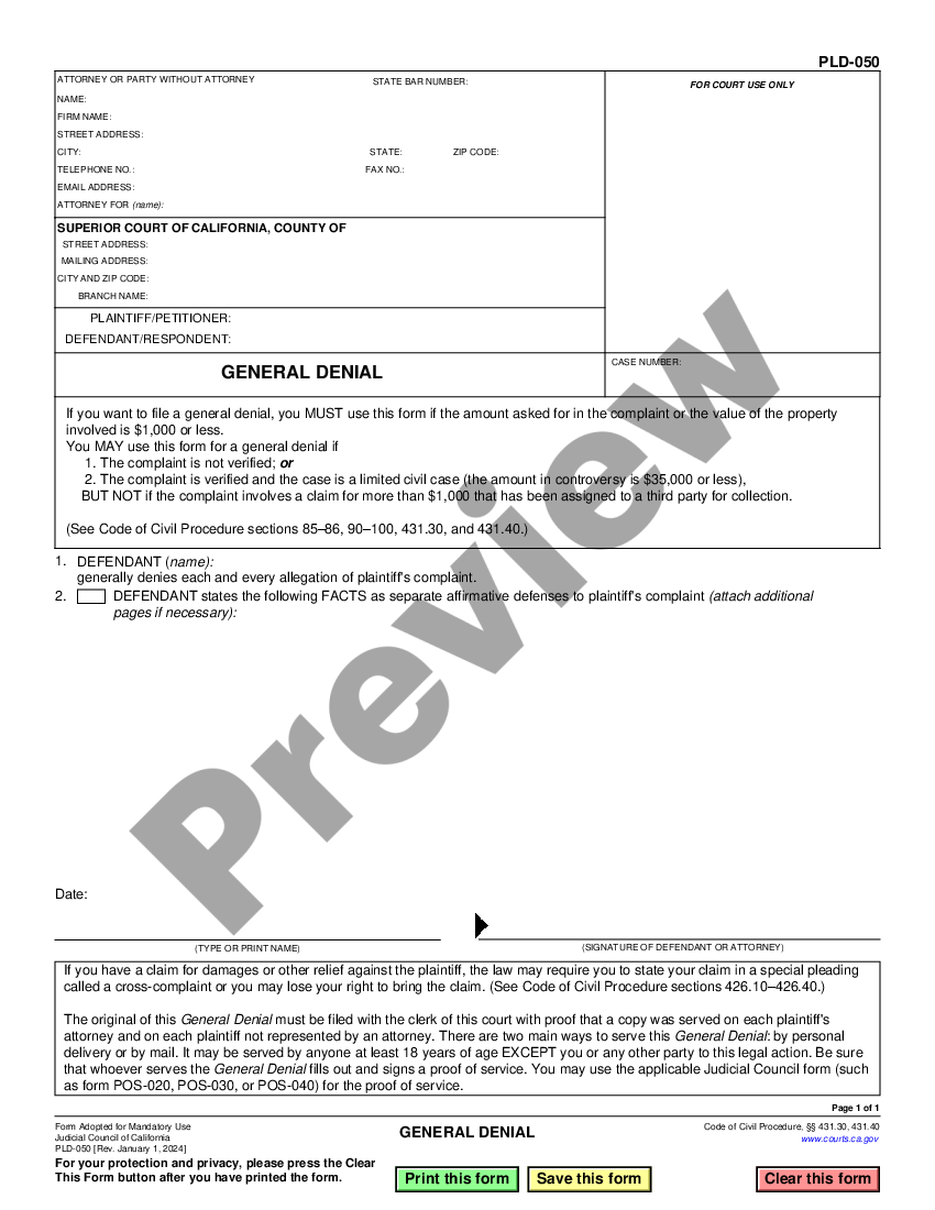 California General Denial General Denial Answer California US Legal