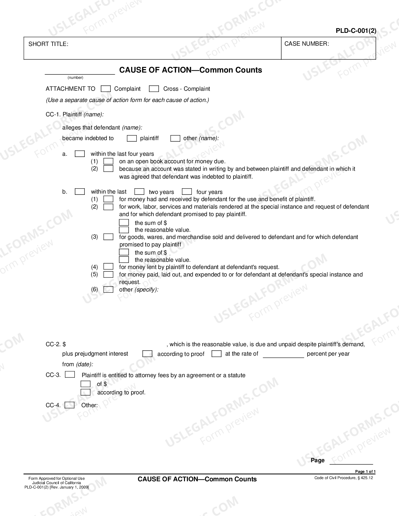 Orange California Cause of Action regarding Common Counts Common