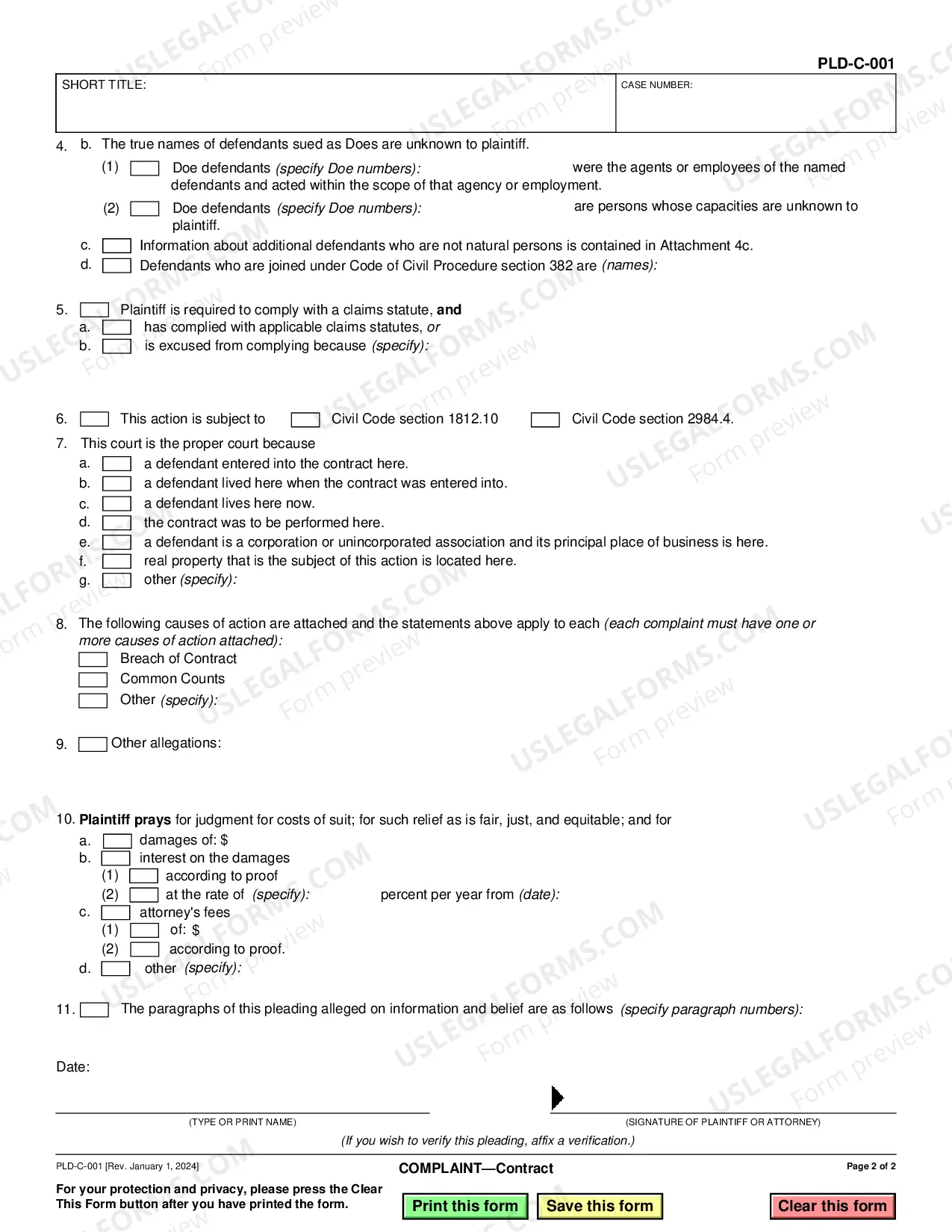 Preview Complaint, Cross-Complaint, Amended Complaint or Amended Cross-Complaint regarding