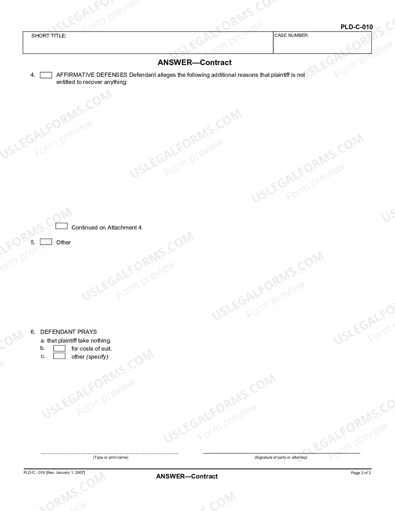 Preview Answer to Complaint or Cross-Complaint regarding Contracts