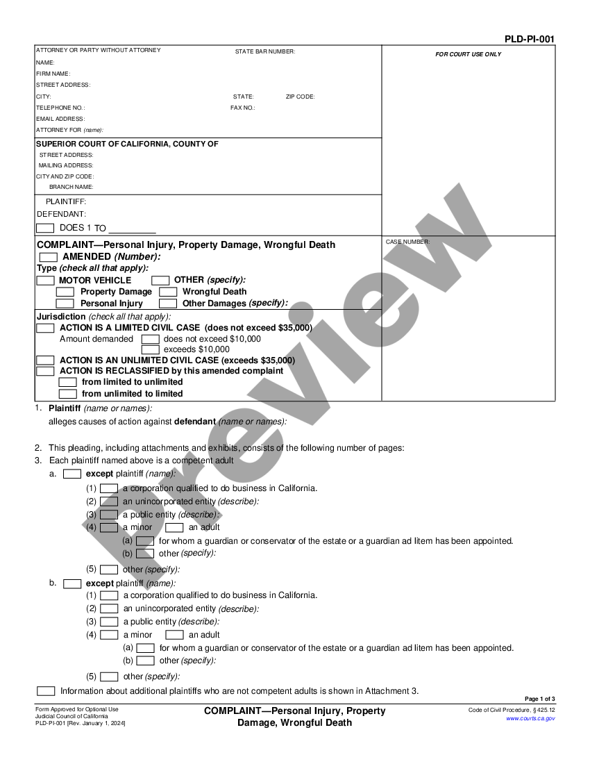 California Complaint for Personal Injury, Property Damage, Wrongful