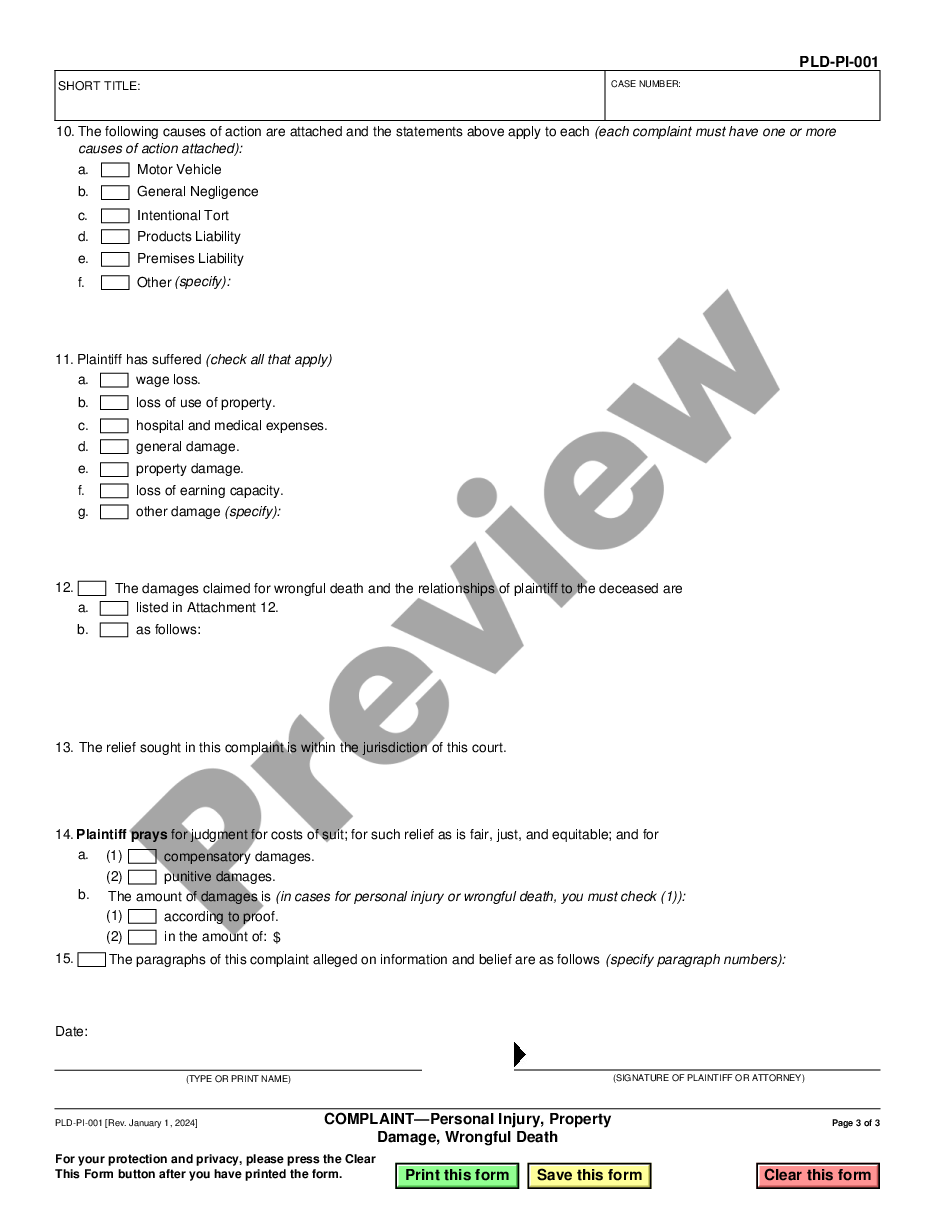 page 2 Complaint for Personal Injury, Property Damage, Wrongful Death preview