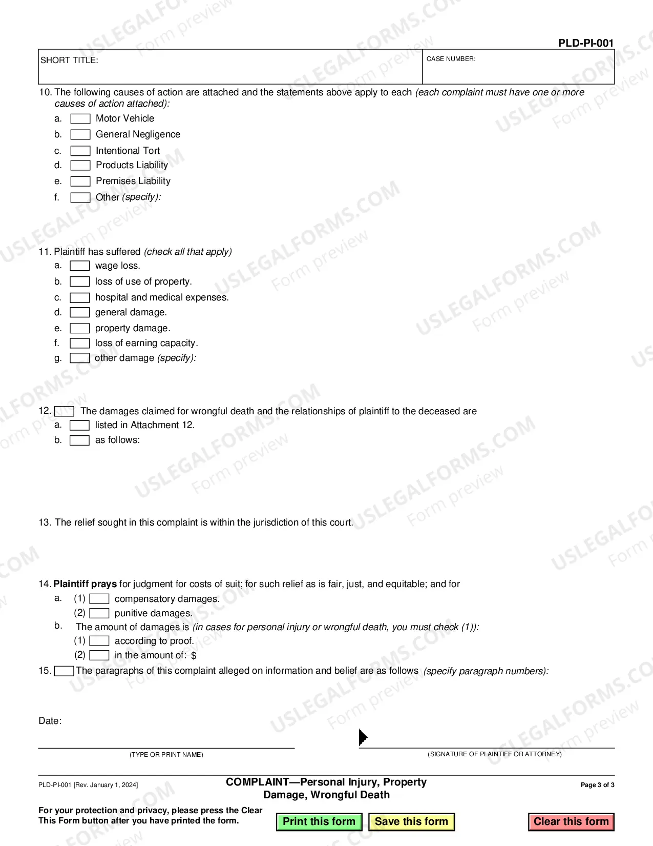 Preview Complaint for Personal Injury, Property Damage, Wrongful Death