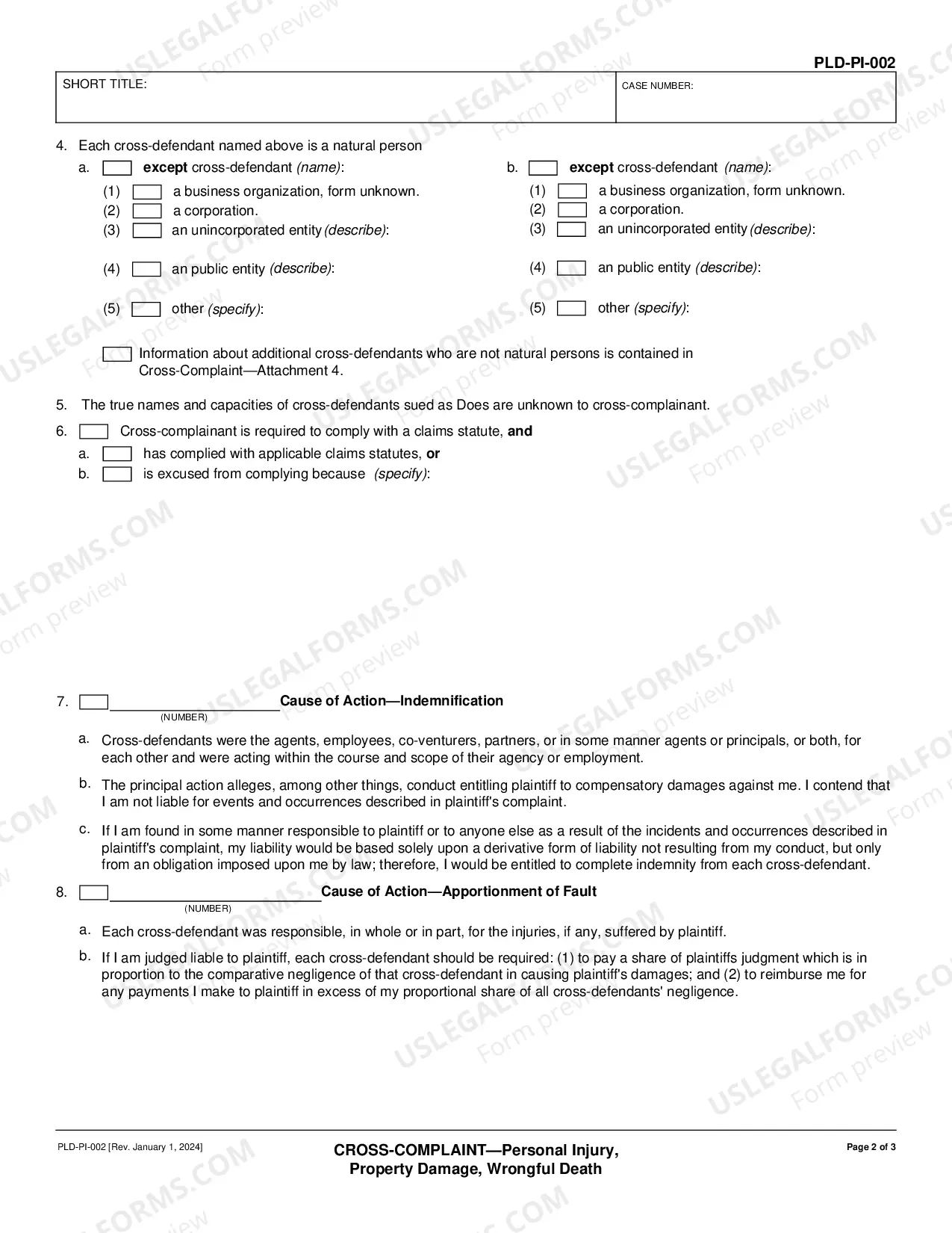 Preview Cross Complaint for Personal Injury, Property Damage, Wrongful Death