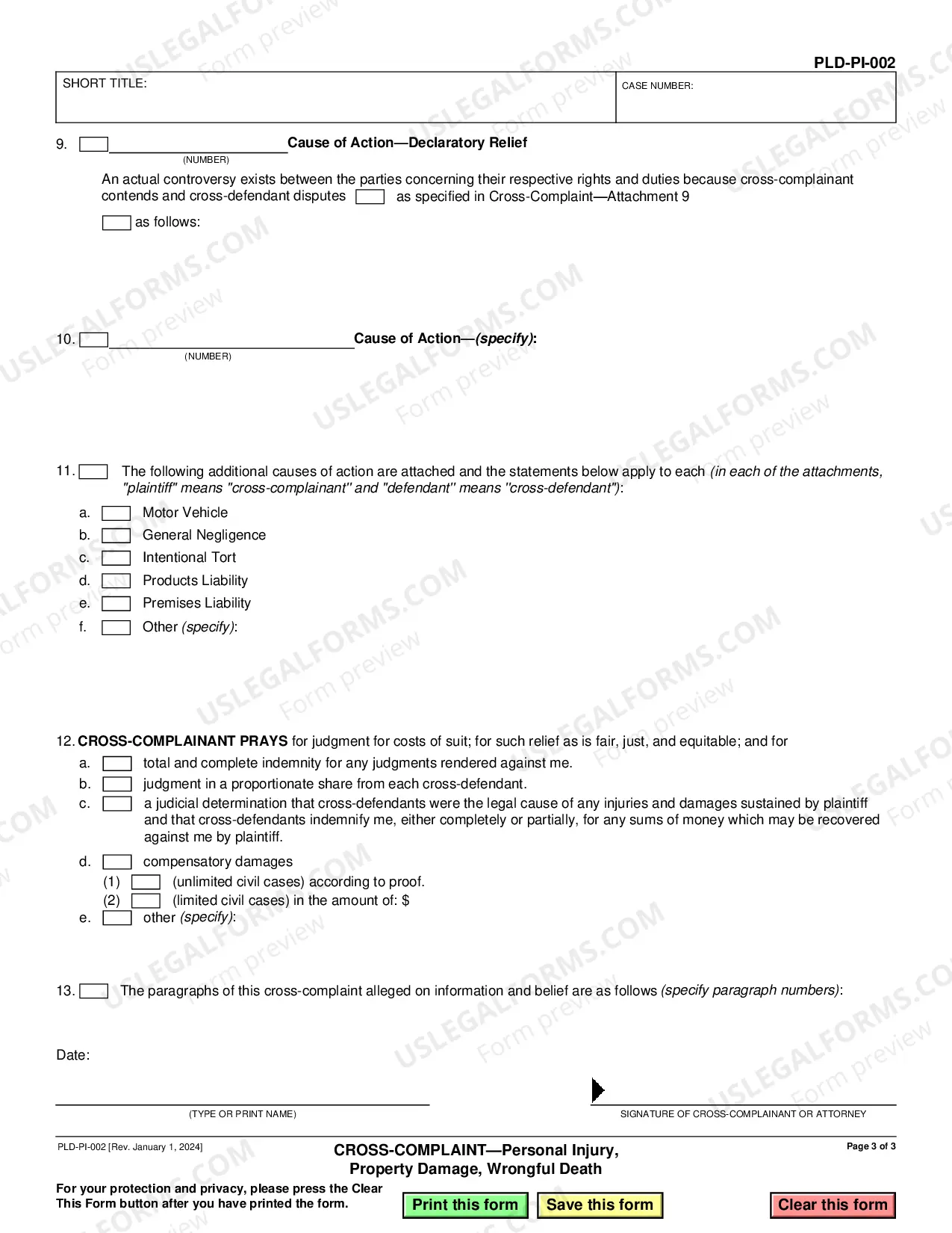 Preview Cross Complaint for Personal Injury, Property Damage, Wrongful Death