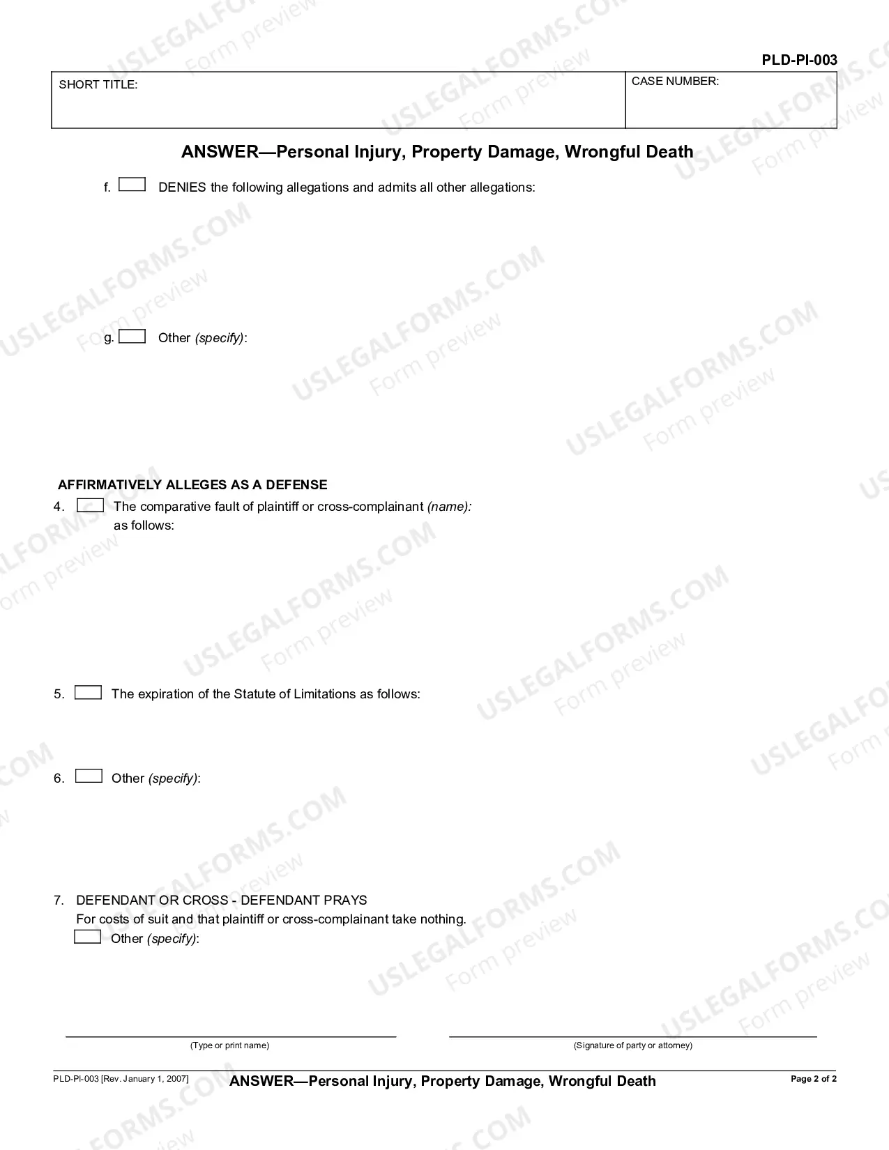 Preview Answer to Complaint for Personal Injury, Property Damage, Wrongful Death