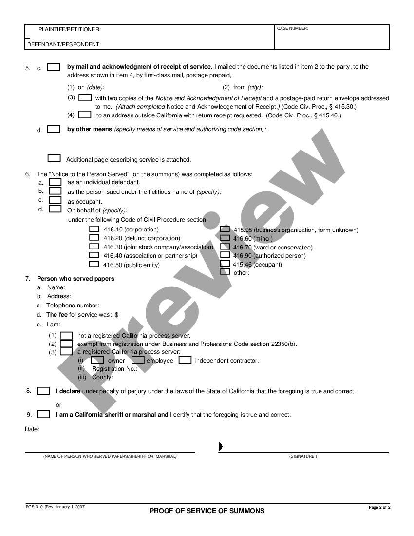 Moreno Valley California Proof of Service of Summons | US Legal Forms