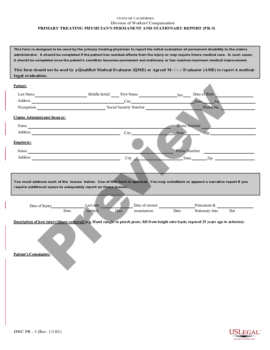 page 0 Primary Physician's Permanent Report for Workers' Compensation preview