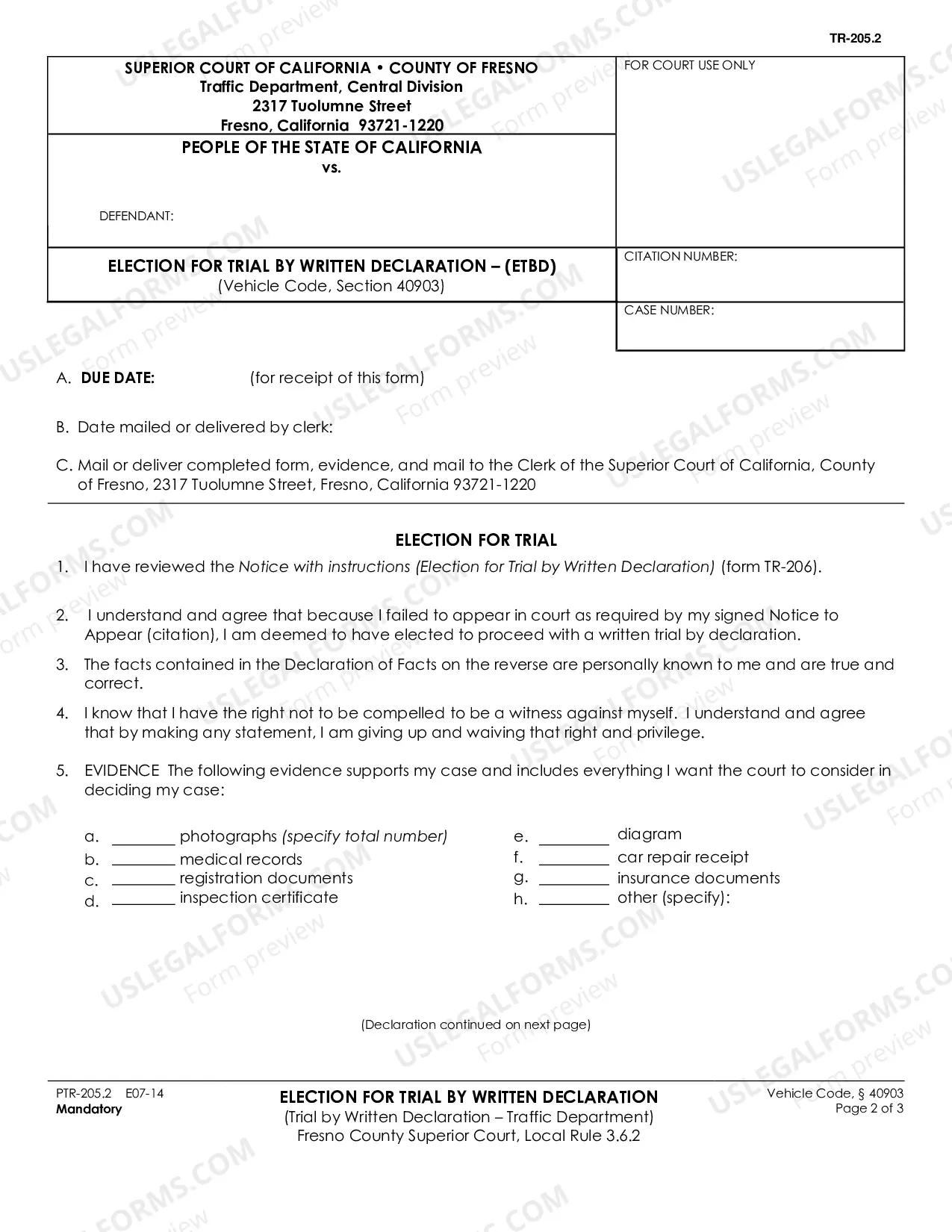 Preview Instructions To Defendant (Election For Trial By Written Declaration-Traffic Department)