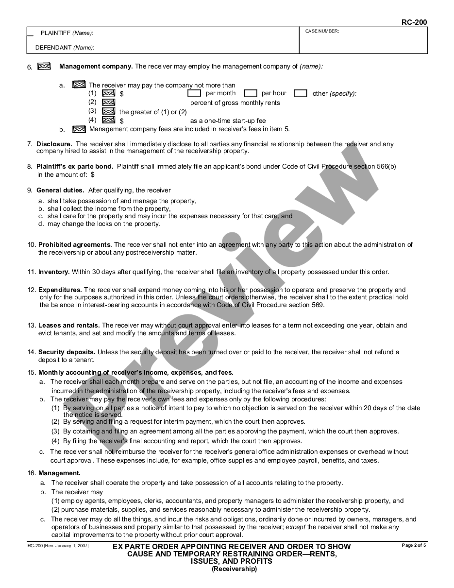 page 1 Ex Parte Order Appointing Receiver and Order to Show Cause and Temporary Restraining Order - Rents, Issues, and Profits - Receivership preview
