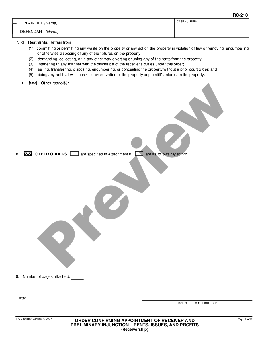 form Order Confirming Appointment of Receiver and Preliminary Injunction - Rents, Issues, and Profits Receivership preview