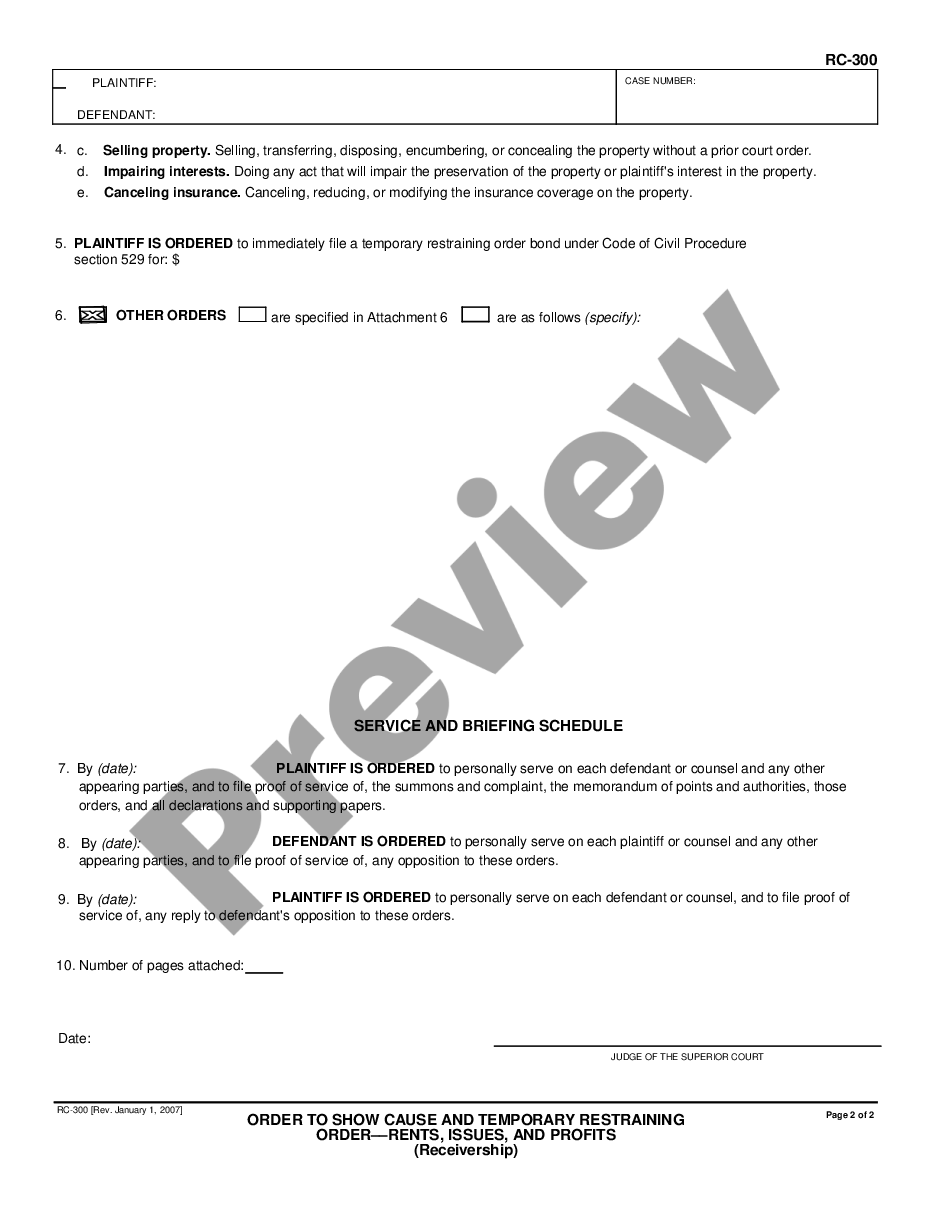 page 1 Order to Show Cause and Temporary Restraining Order - Rents, Issues, and Profits - Receivership preview