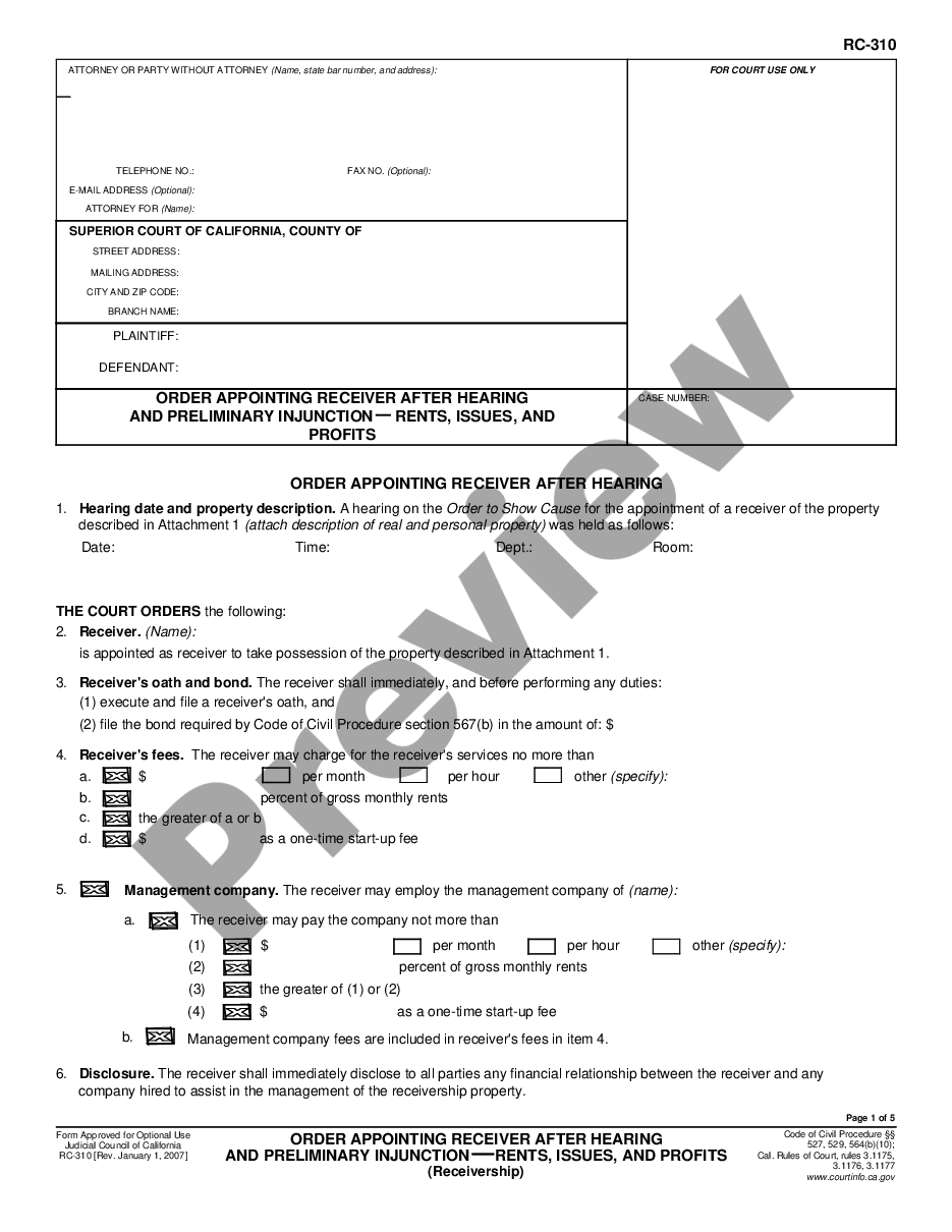 form Order Appointing Receiver after Hearing and Preliminary Injunction - Rents, Issues, and Profits Receivership preview