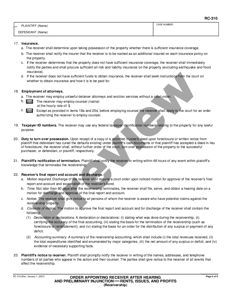 form Order Appointing Receiver after Hearing and Preliminary Injunction - Rents, Issues, and Profits Receivership preview