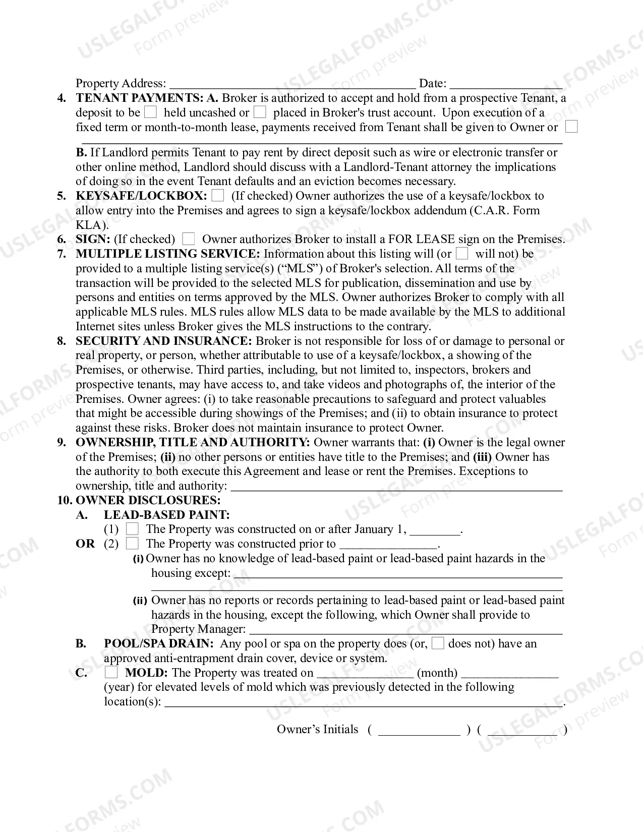 Preview Lease Listing Agreement - Exclusive Authorization to Lease or Rent