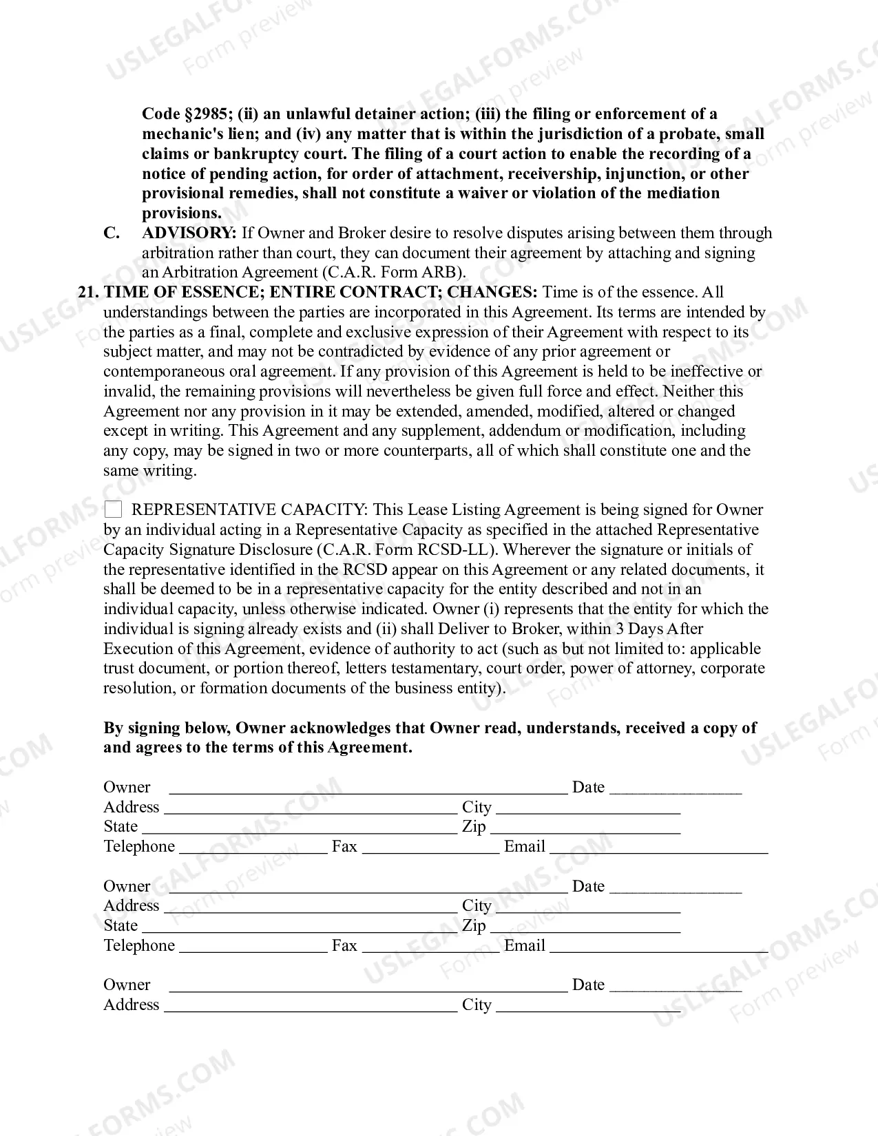 Preview Lease Listing Agreement - Exclusive Authorization to Lease or Rent